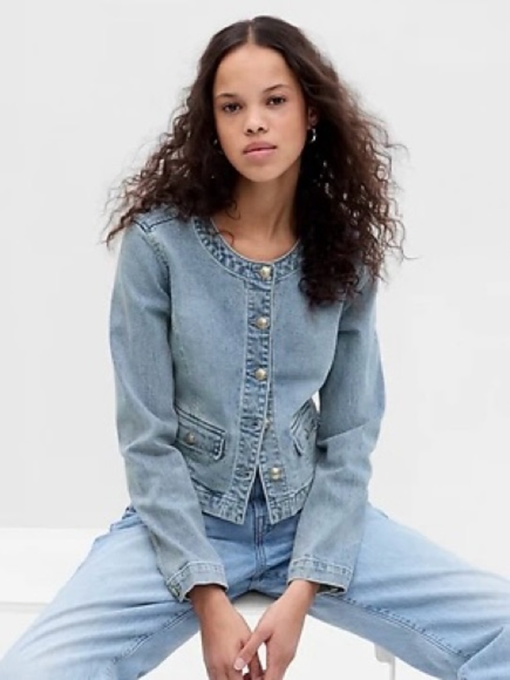 Gap Collarless Denim Jacket Light Wash Boxy Streetwear Casual Minimalist Sz XL